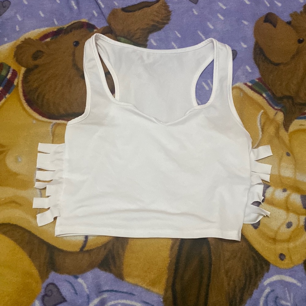 white flarred crop top , see through , size SMALL